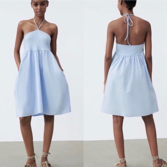 Zara blue cotton halter dress, size S - Picture 1 of 12
